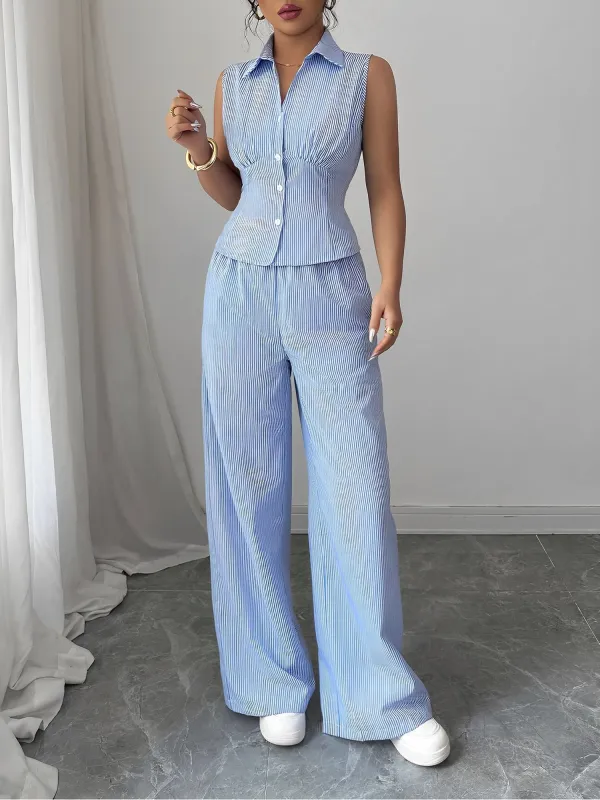 2 Pieces Striped Collared Button Down Top & Pocketed Wide Legs Pants Set sold by Allegra K