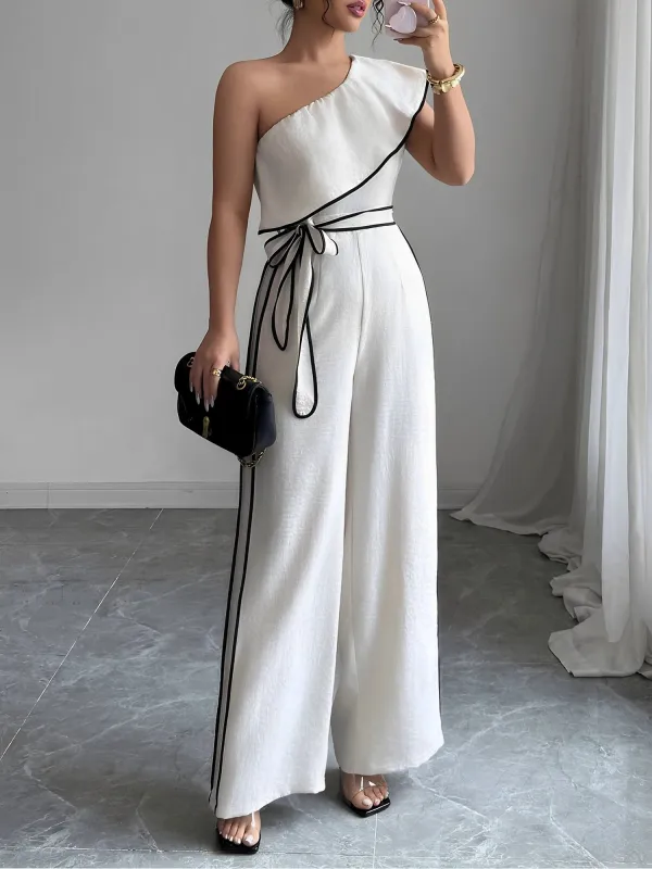 Colorblock One Shoulder Tie Waist Wide Legs Jumpsuits sold by Allegra K