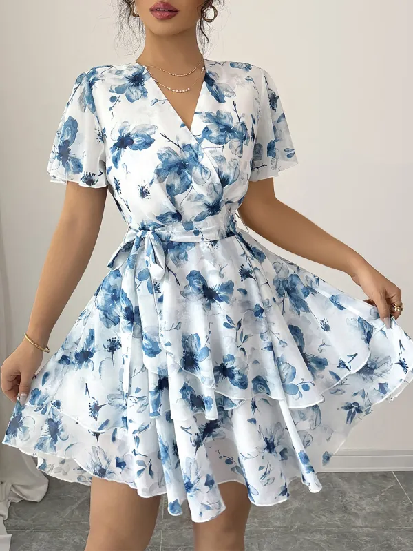 Floral Short Sleeve Tie Waist Layered Mini Dress sold by Allegra K