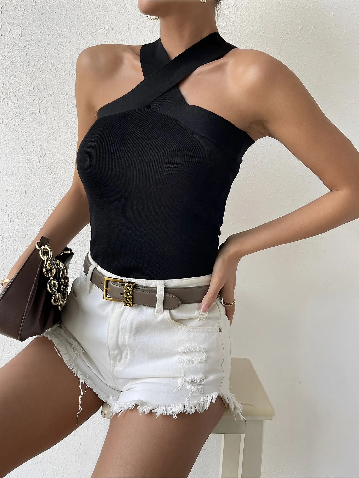 Cross Neck Sleeveless Solid Color Knitted Blouse sold by Allegra K