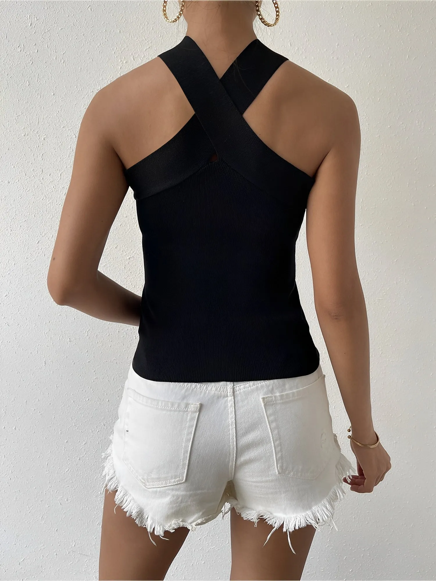 Cross Neck Sleeveless Solid Color Knitted Blouse sold by Allegra K product image thumbnail 2