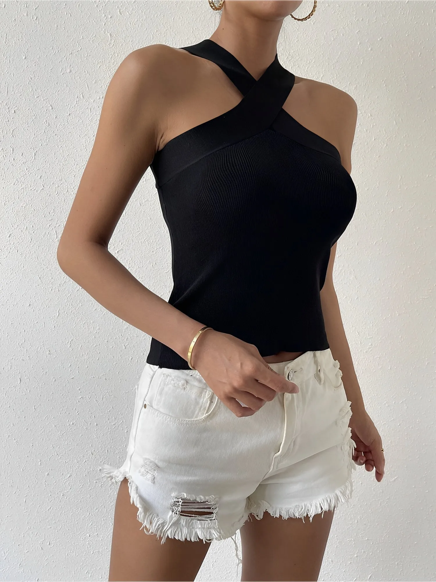 Cross Neck Sleeveless Solid Color Knitted Blouse sold by Allegra K product image thumbnail 5