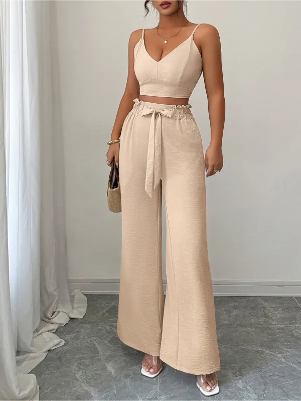 2 Pieces Spaghetti Strap Smocked Cropped Top & Elastic Waist Wide Legs Pants Set sold by Allegra K