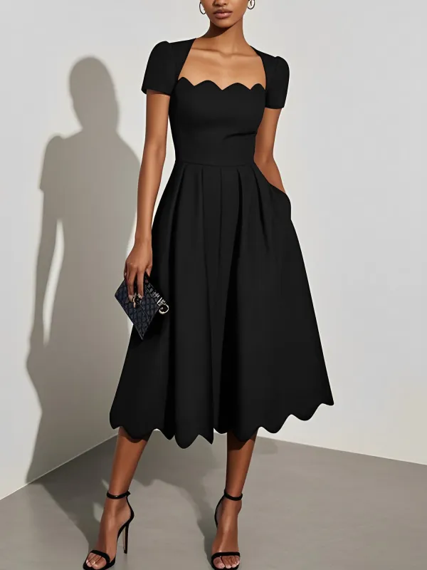 Solid Color Short Sleeves Midi A-Line Dress sold by Allegra K