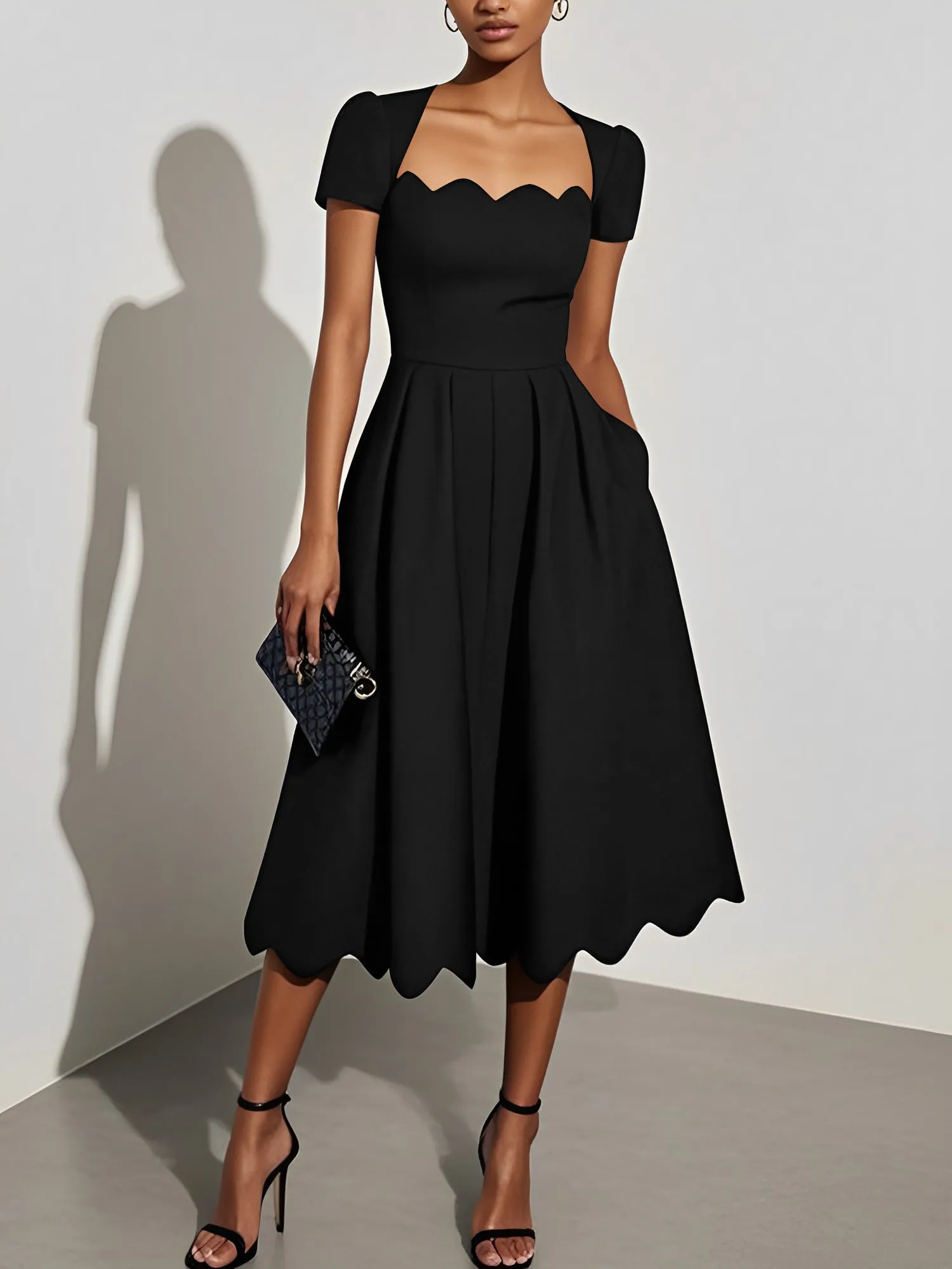 Solid Color Short Sleeves Midi A-Line Dress sold by Allegra K