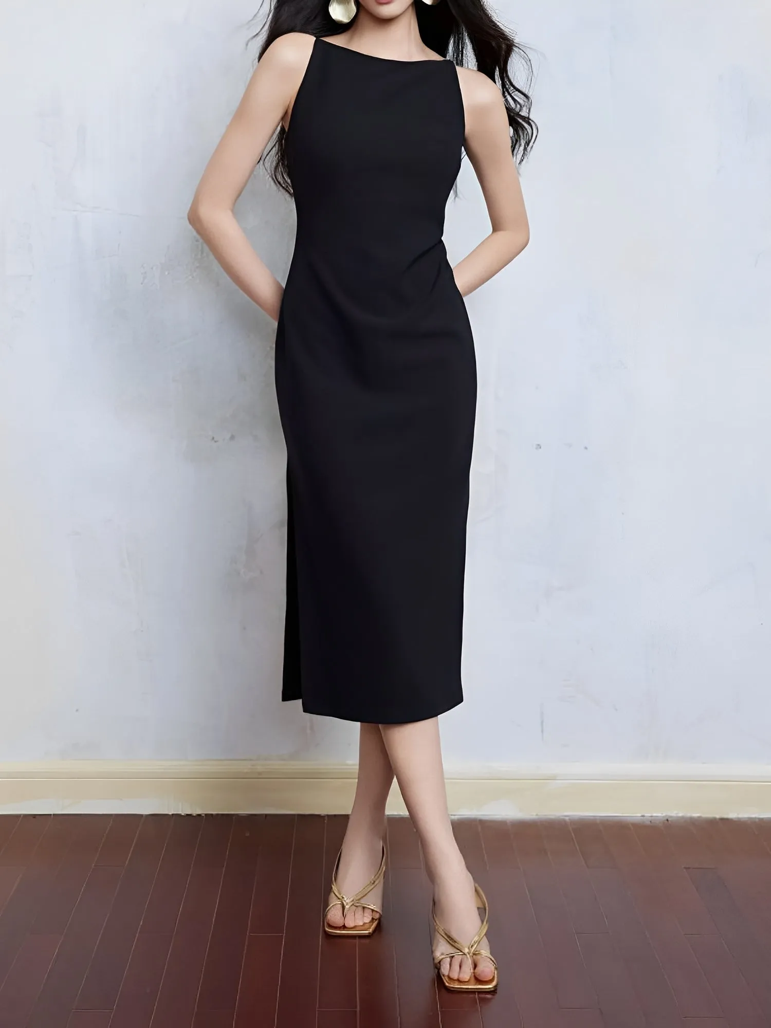 Boat Neck Sleeveless Midi Slit Sheath Dress sold by Allegra K product image thumbnail 4