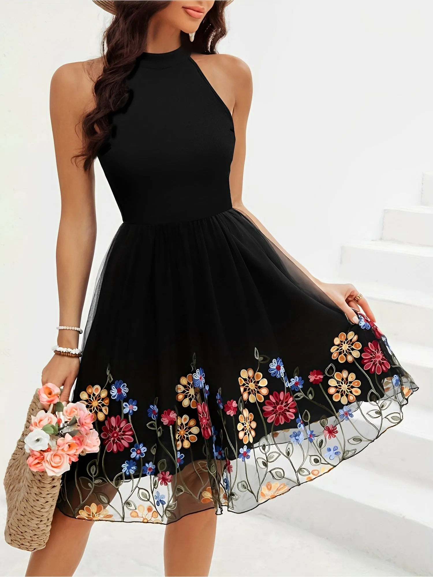 Floral Embroidered Mesh Halter Neck Mini A-Line Dress sold by Allegra K product image thumbnail 4