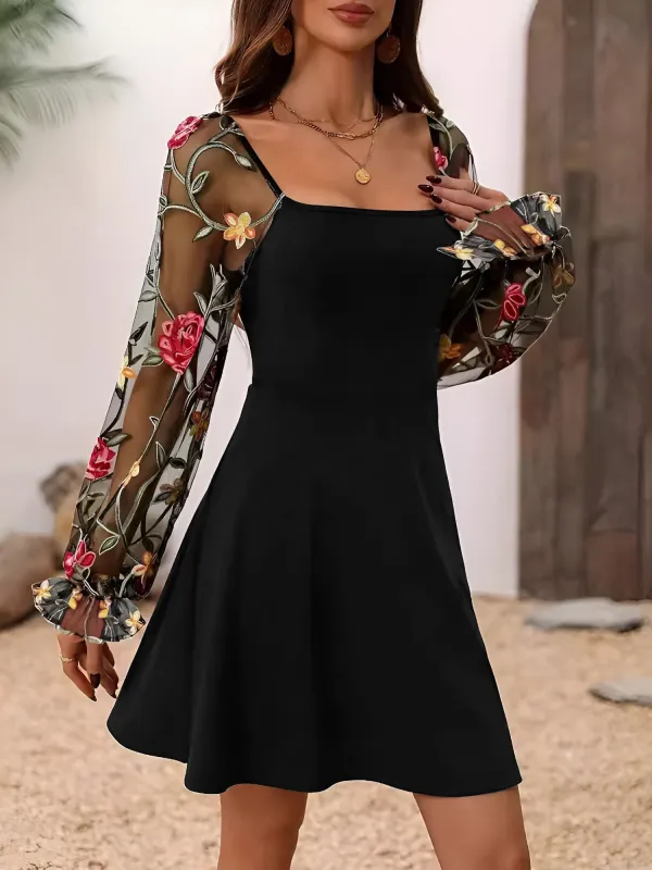 Floral Embroidered Mesh Square Neck Long Sleeve Dress sold by Allegra K