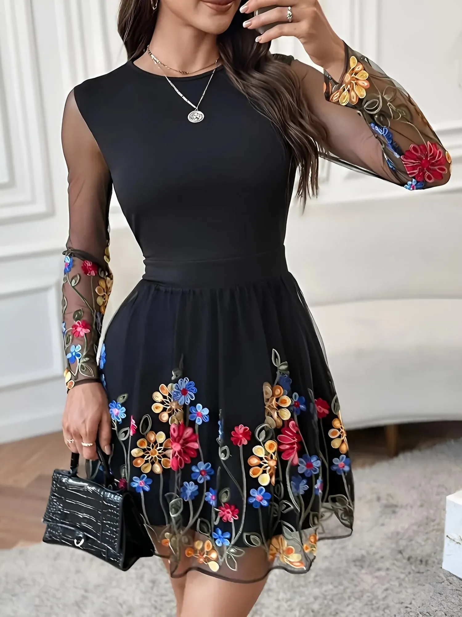 Floral Embroidered Mesh Long Sleeve Mini Dress sold by Allegra K product image thumbnail 3