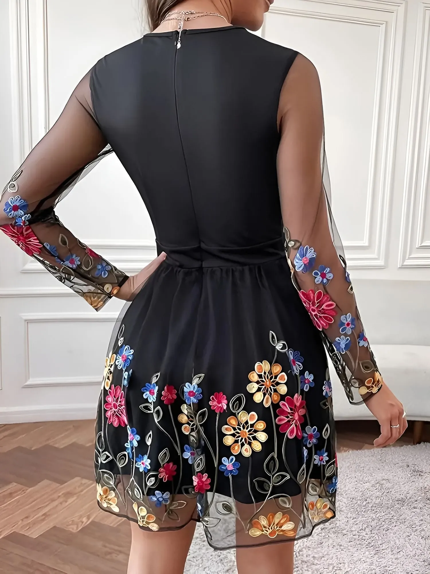 Floral Embroidered Mesh Long Sleeve Mini Dress sold by Allegra K product image thumbnail 2