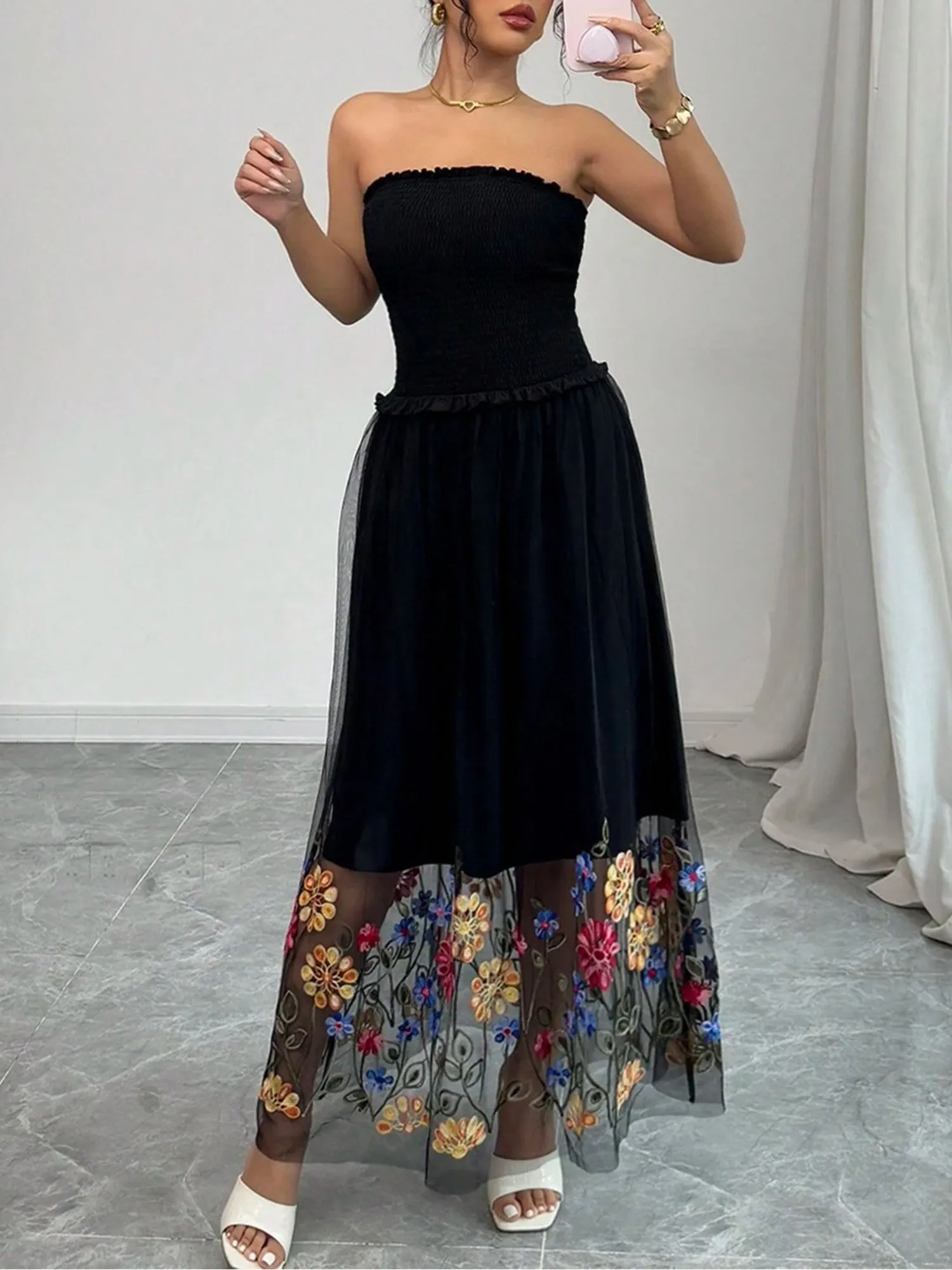 Mesh Floral Embroidered Smocked Strapless Maxi Dress sold by Allegra K product image thumbnail 5