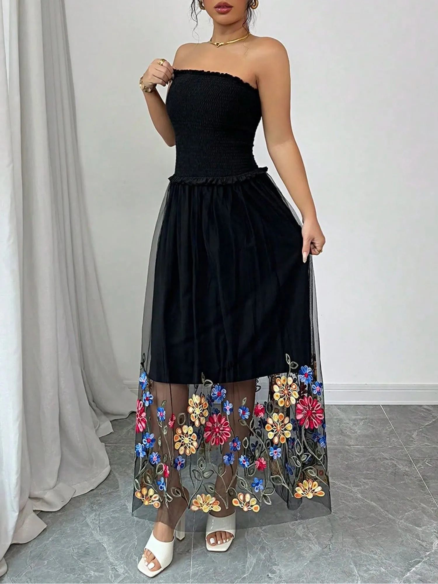 Mesh Floral Embroidered Smocked Strapless Maxi Dress sold by Allegra K product image thumbnail 4