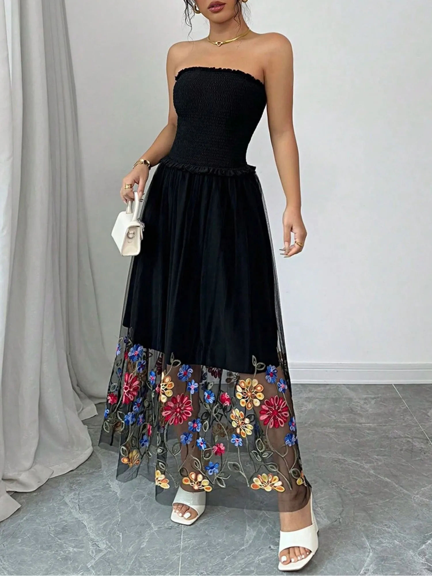 Mesh Floral Embroidered Smocked Strapless Maxi Dress sold by Allegra K