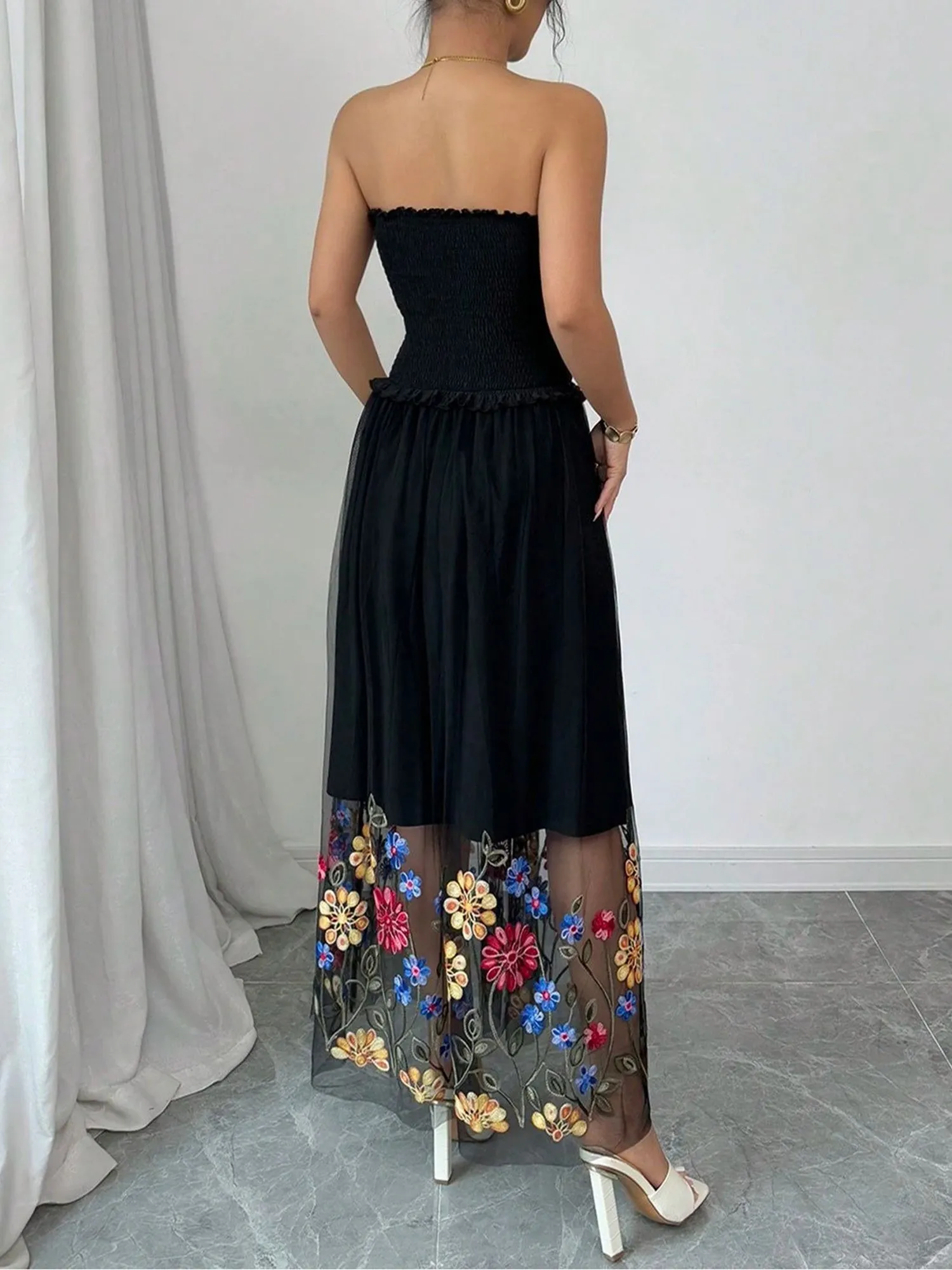 Mesh Floral Embroidered Smocked Strapless Maxi Dress sold by Allegra K product image thumbnail 2