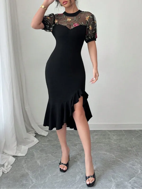 Mesh Floral Embroidery Asymmetric Hem Bodycon Dress sold by Allegra K