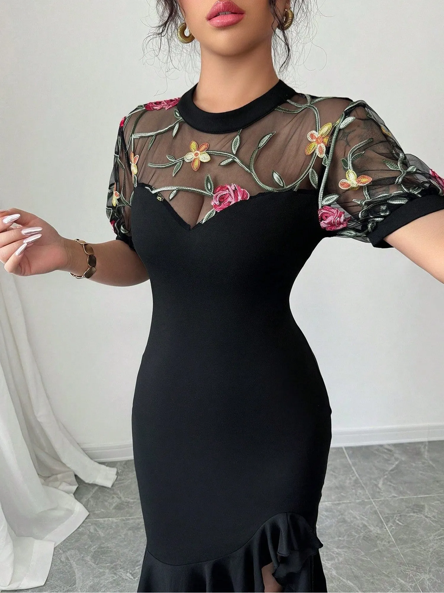 Mesh Floral Embroidery Asymmetric Hem Bodycon Dress sold by Allegra K product image thumbnail 5