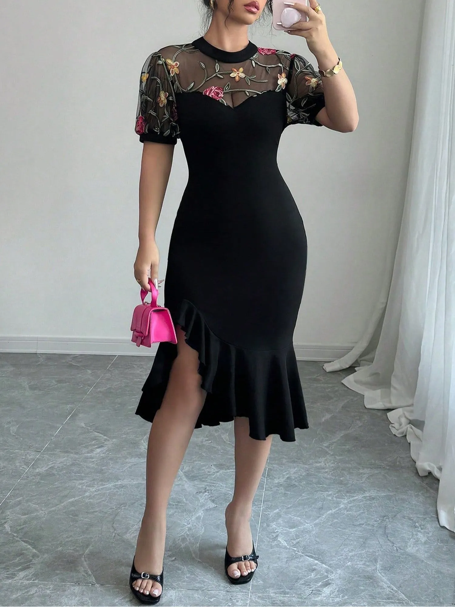 Mesh Floral Embroidery Asymmetric Hem Bodycon Dress sold by Allegra K product image thumbnail 3