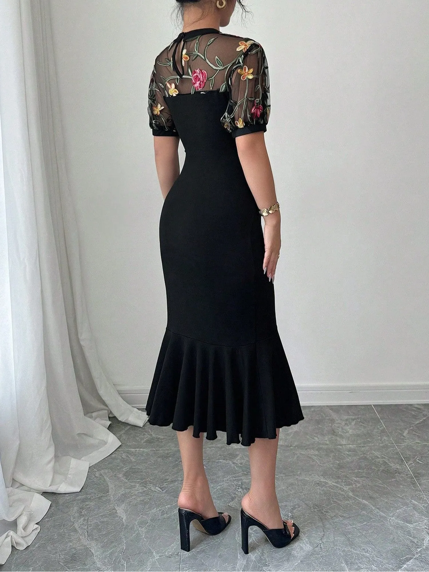 Mesh Floral Embroidery Asymmetric Hem Bodycon Dress sold by Allegra K product image thumbnail 2