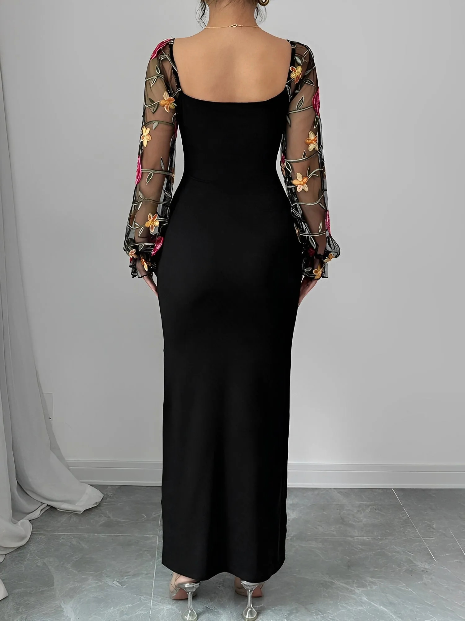Floral Embroidery Sheer Long Sleeves Maxi Dress sold by Allegra K product image thumbnail 2