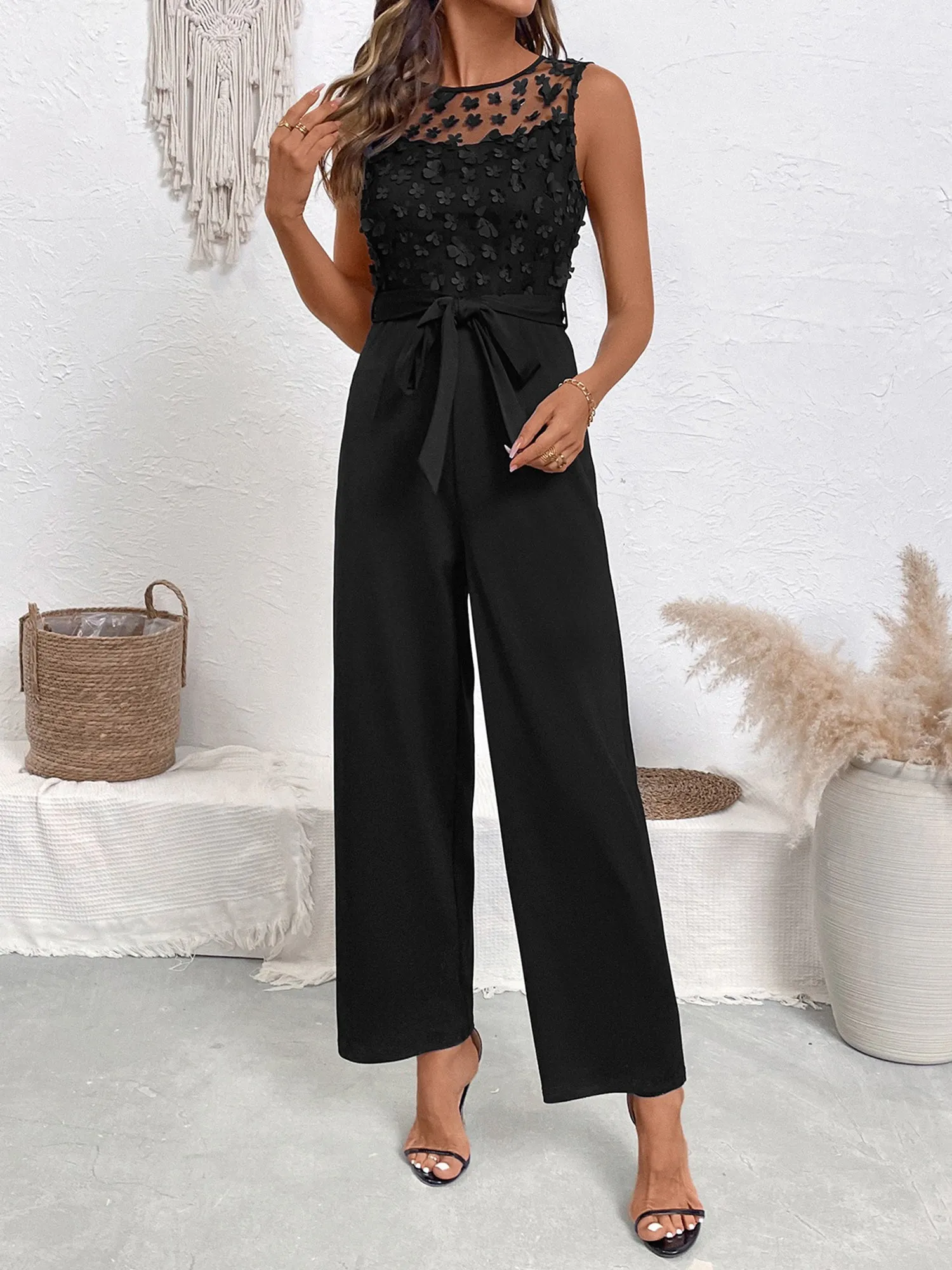 Flower Decor Mesh Sleeveless Tie Waist Jumpsuits sold by Allegra K product image thumbnail 4