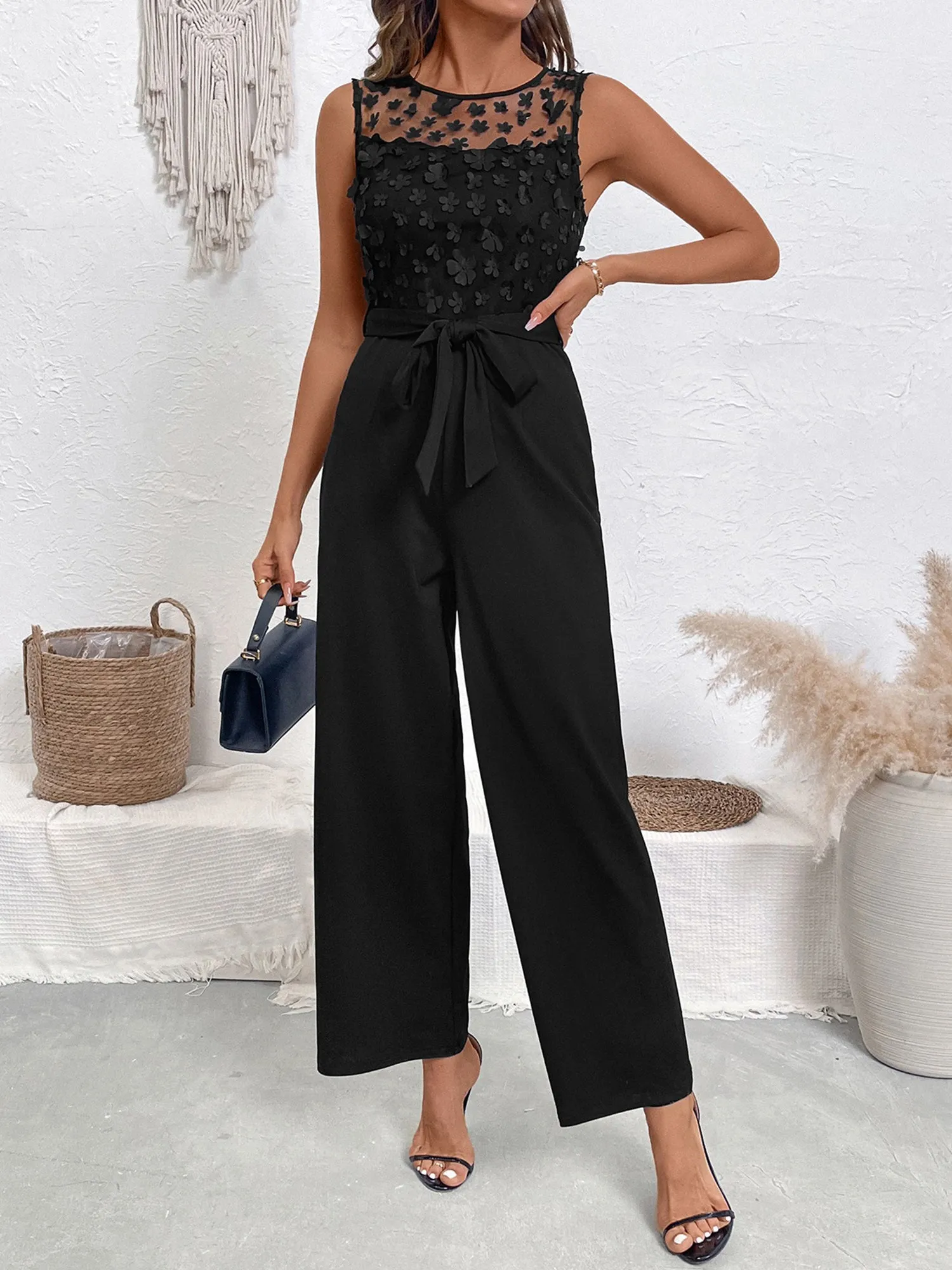 Flower Decor Mesh Sleeveless Tie Waist Jumpsuits sold by Allegra K