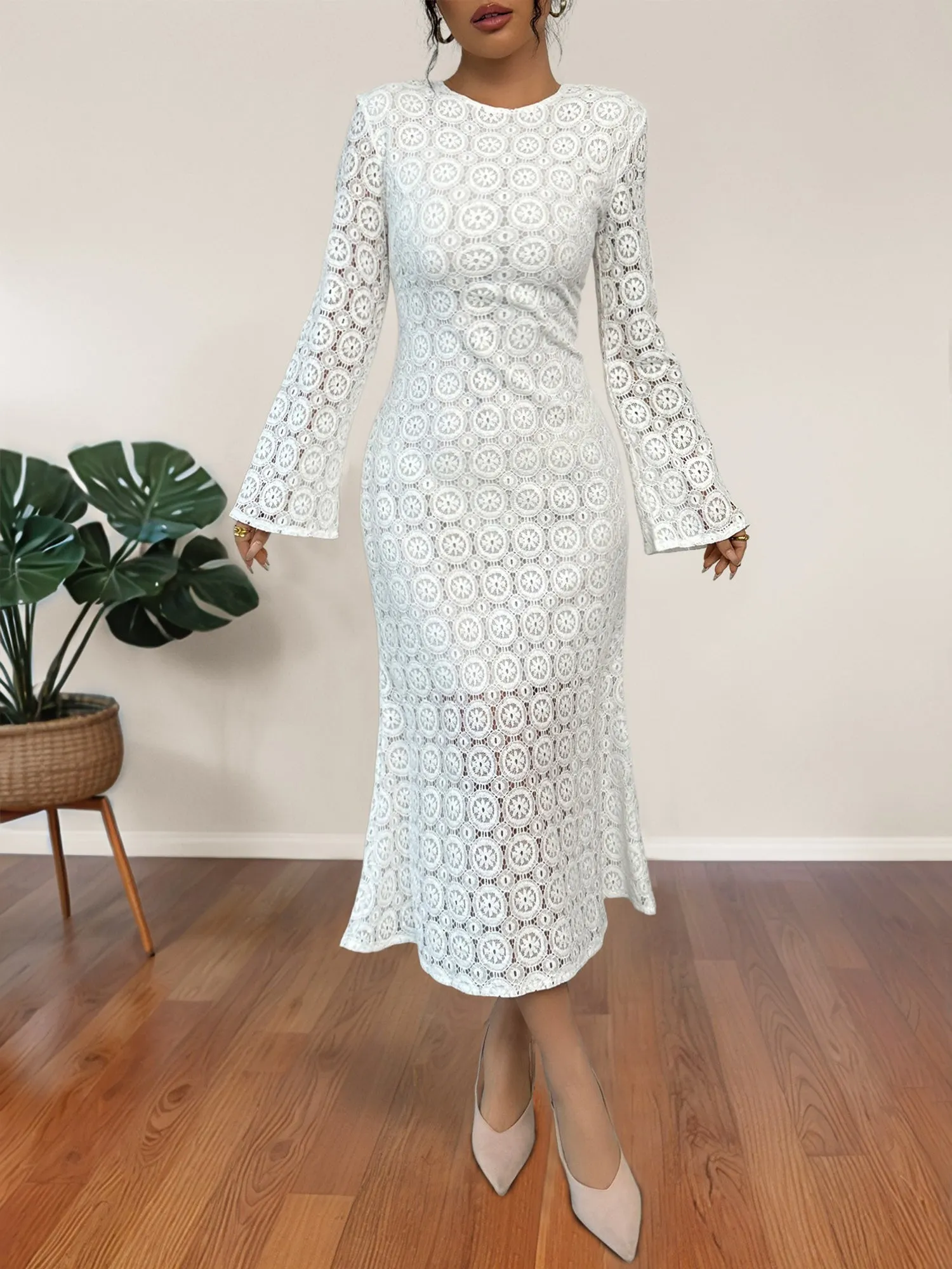Lace Long Sleeves Bodycon Fishtail Midi Dress sold by Allegra K product image thumbnail 4
