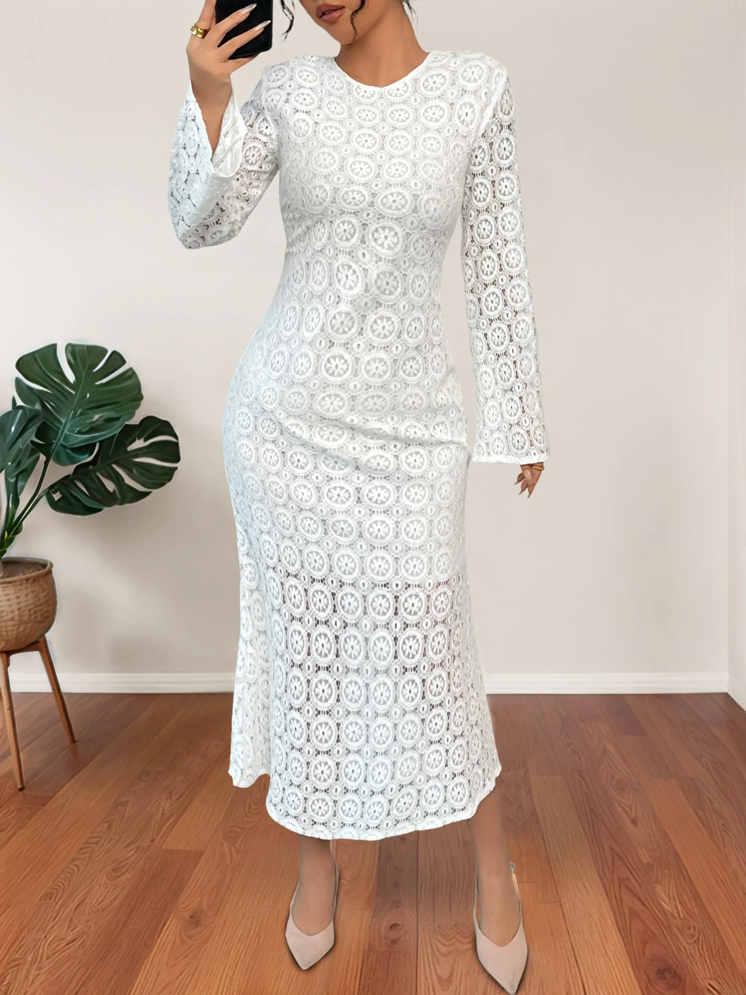 Lace Long Sleeves Bodycon Fishtail Midi Dress sold by Allegra K product image thumbnail 3