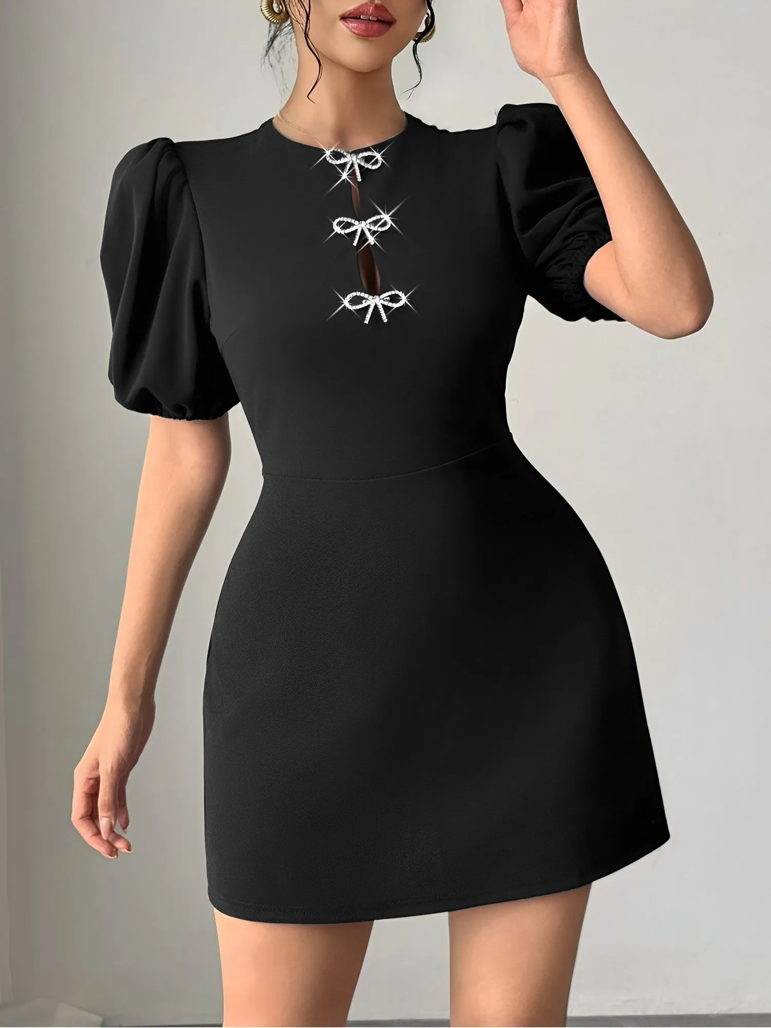 Round Neck Bow Decor Puff Sleeves Mini Dress sold by Allegra K product image thumbnail 4