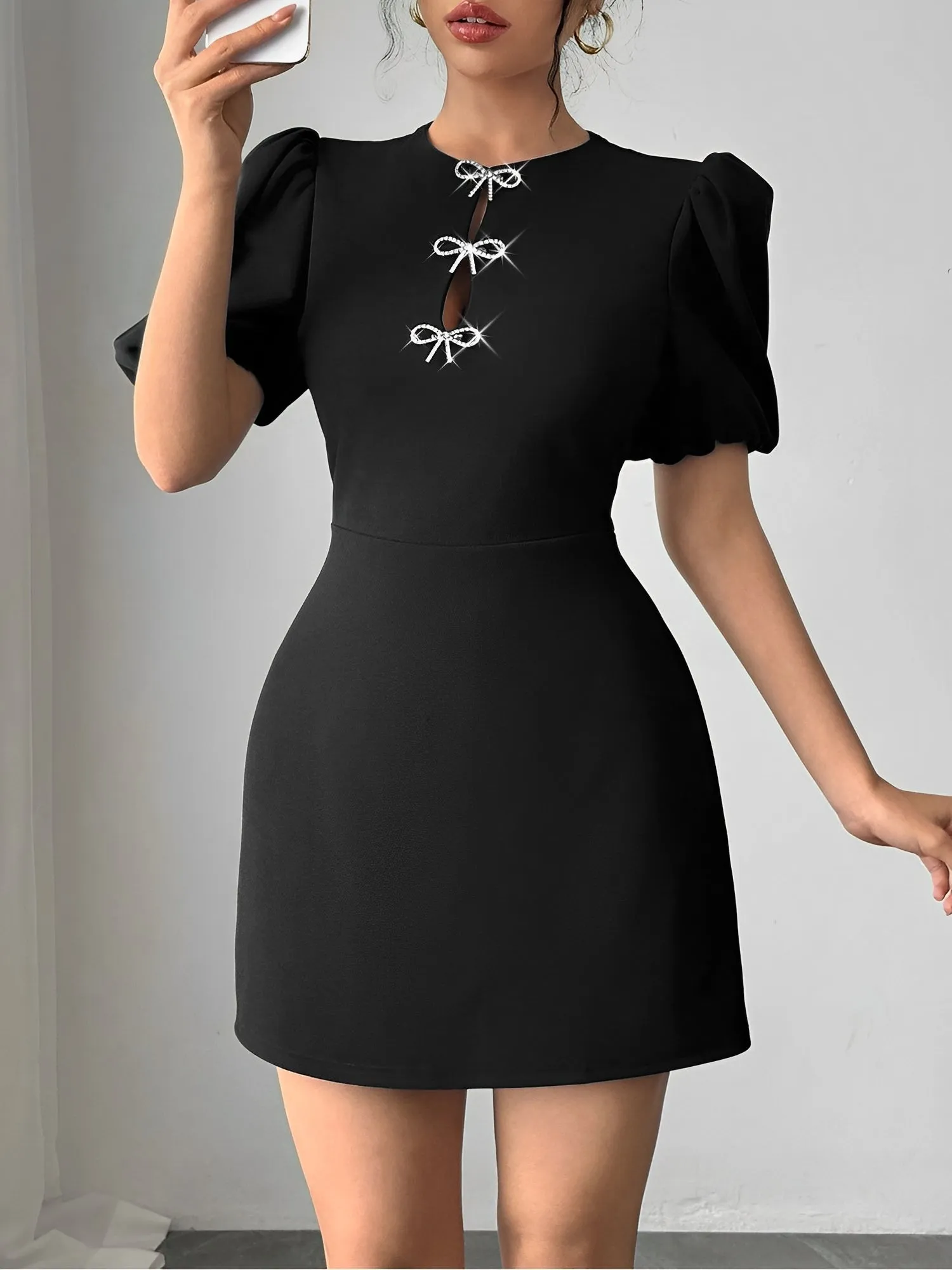 Round Neck Bow Decor Puff Sleeves Mini Dress sold by Allegra K
