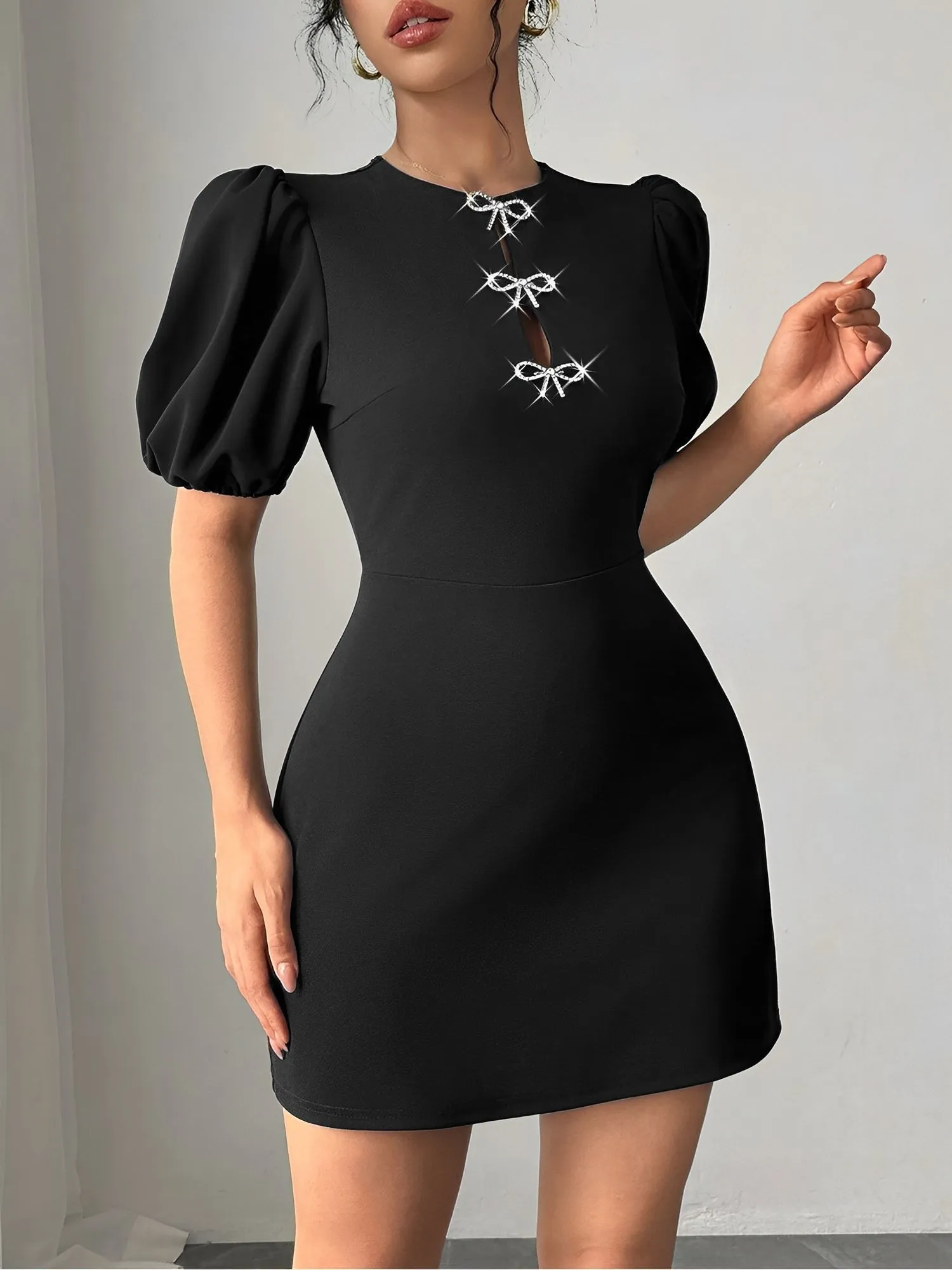 Round Neck Bow Decor Puff Sleeves Mini Dress sold by Allegra K product image thumbnail 5