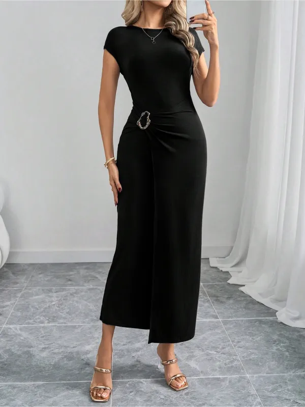 Round Neck Solid Color Cap Sleeves Ruched Maxi Dress sold by Allegra K