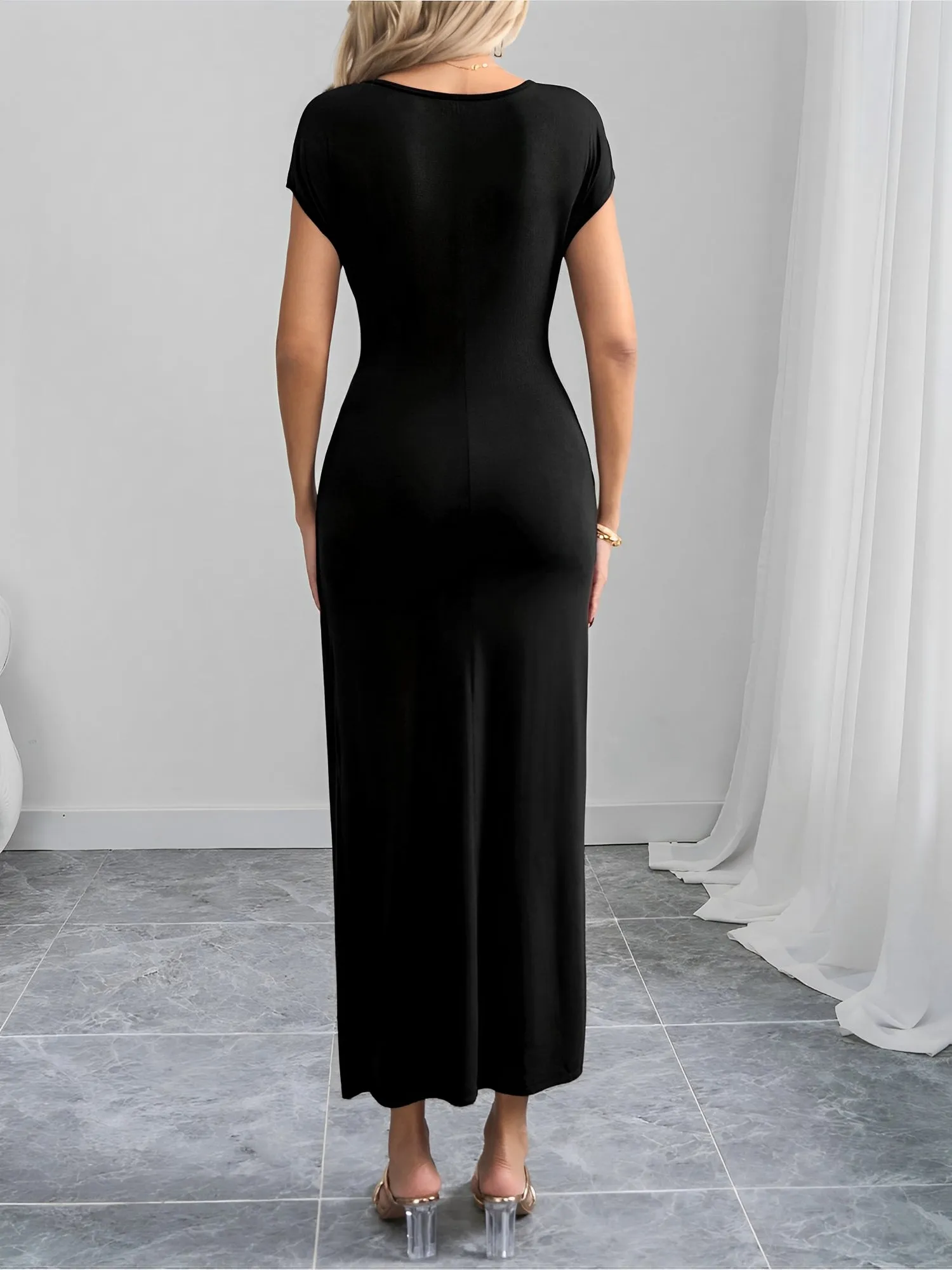 Round Neck Solid Color Cap Sleeves Ruched Maxi Dress sold by Allegra K product image thumbnail 2