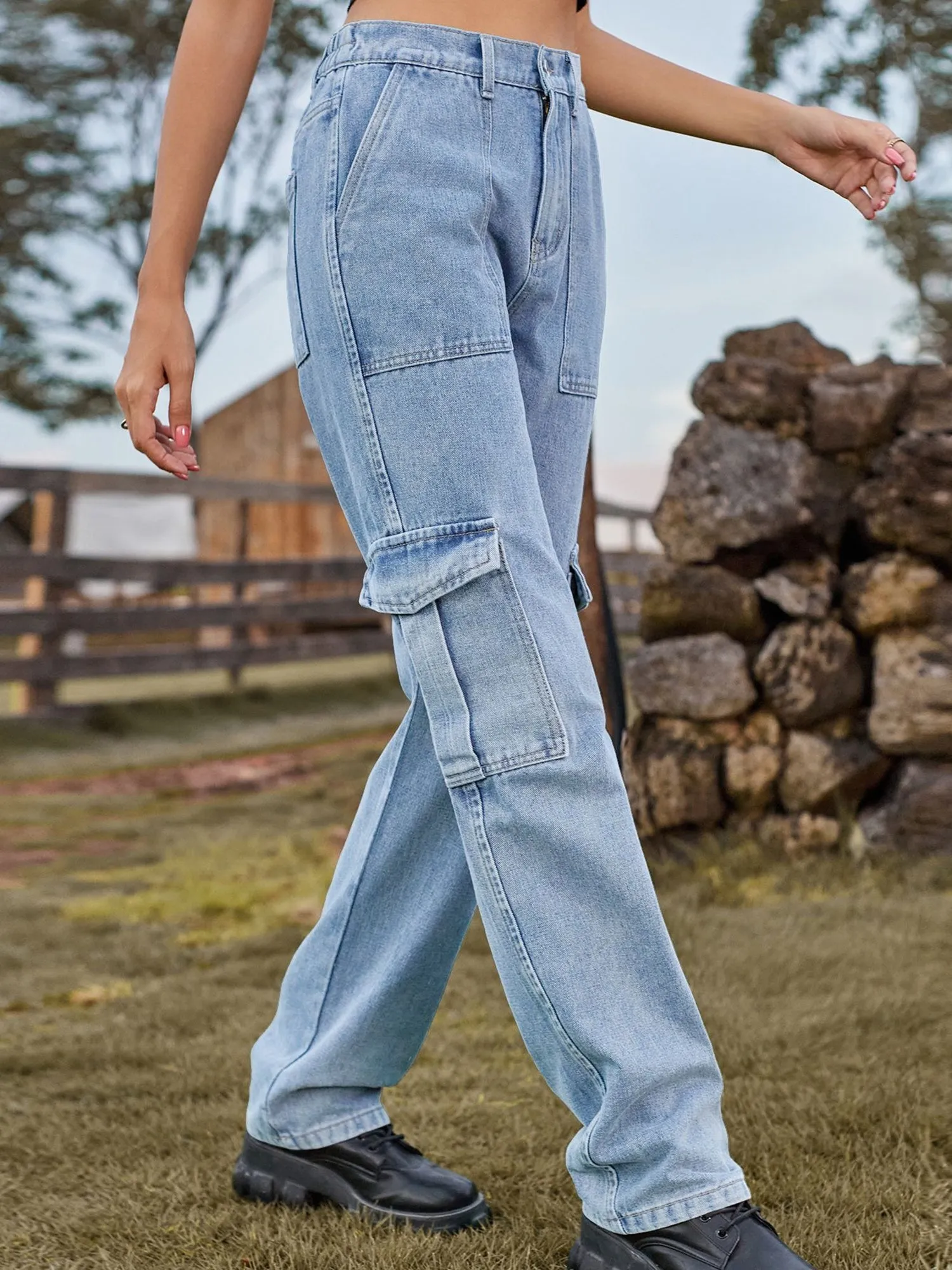 Washed Denim Straight Legs Casual Cargo Jeans sold by Allegra K product image thumbnail 4