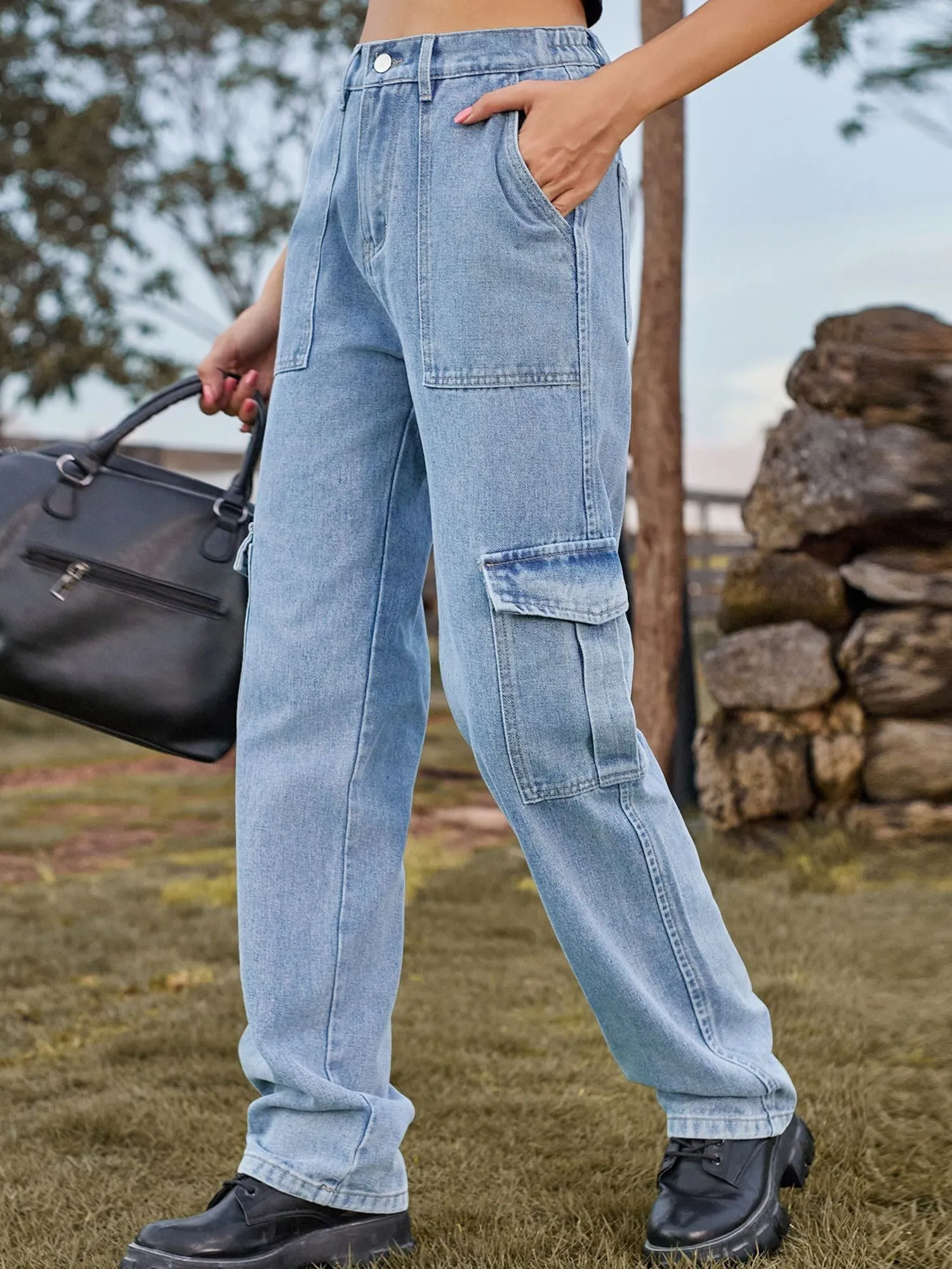 Washed Denim Straight Legs Casual Cargo Jeans sold by Allegra K product image thumbnail 3