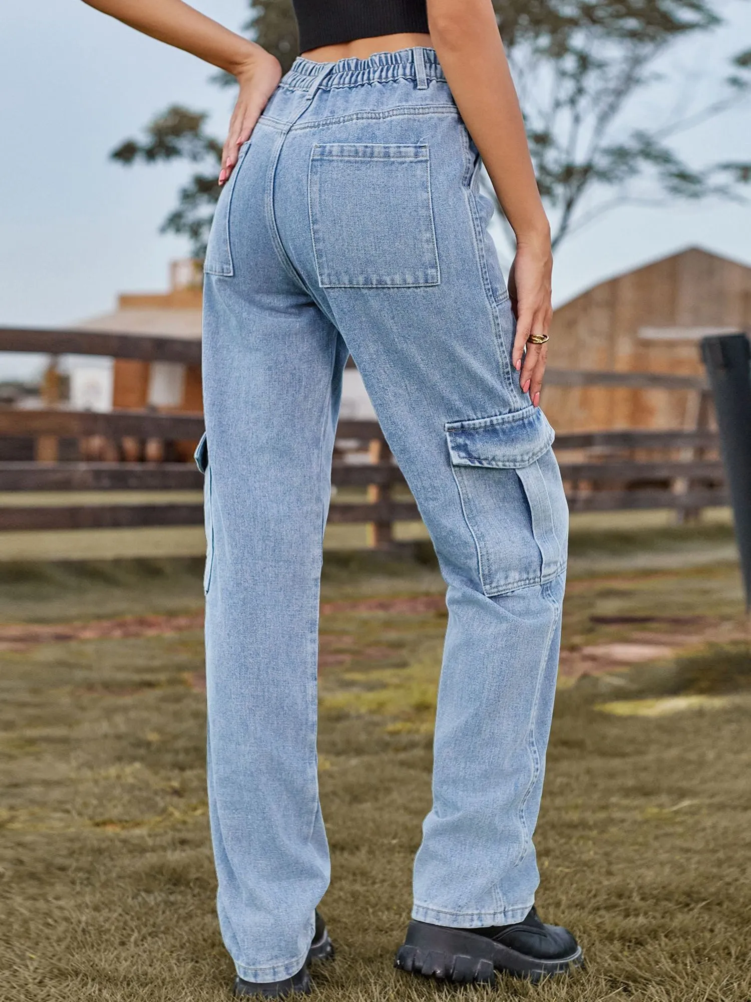 Washed Denim Straight Legs Casual Cargo Jeans sold by Allegra K product image thumbnail 2