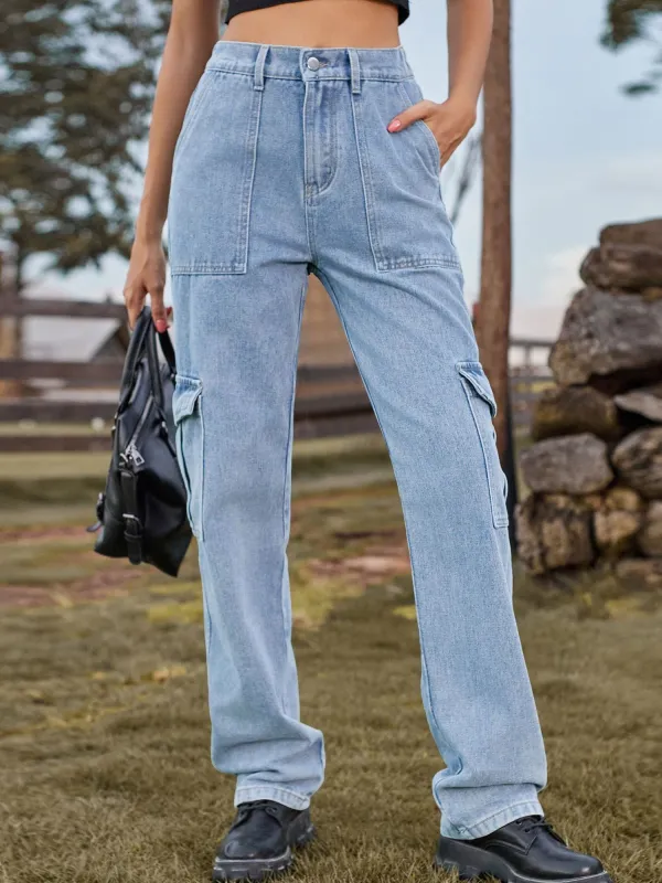 Washed Denim Straight Legs Casual Cargo Jeans made by Allegra K