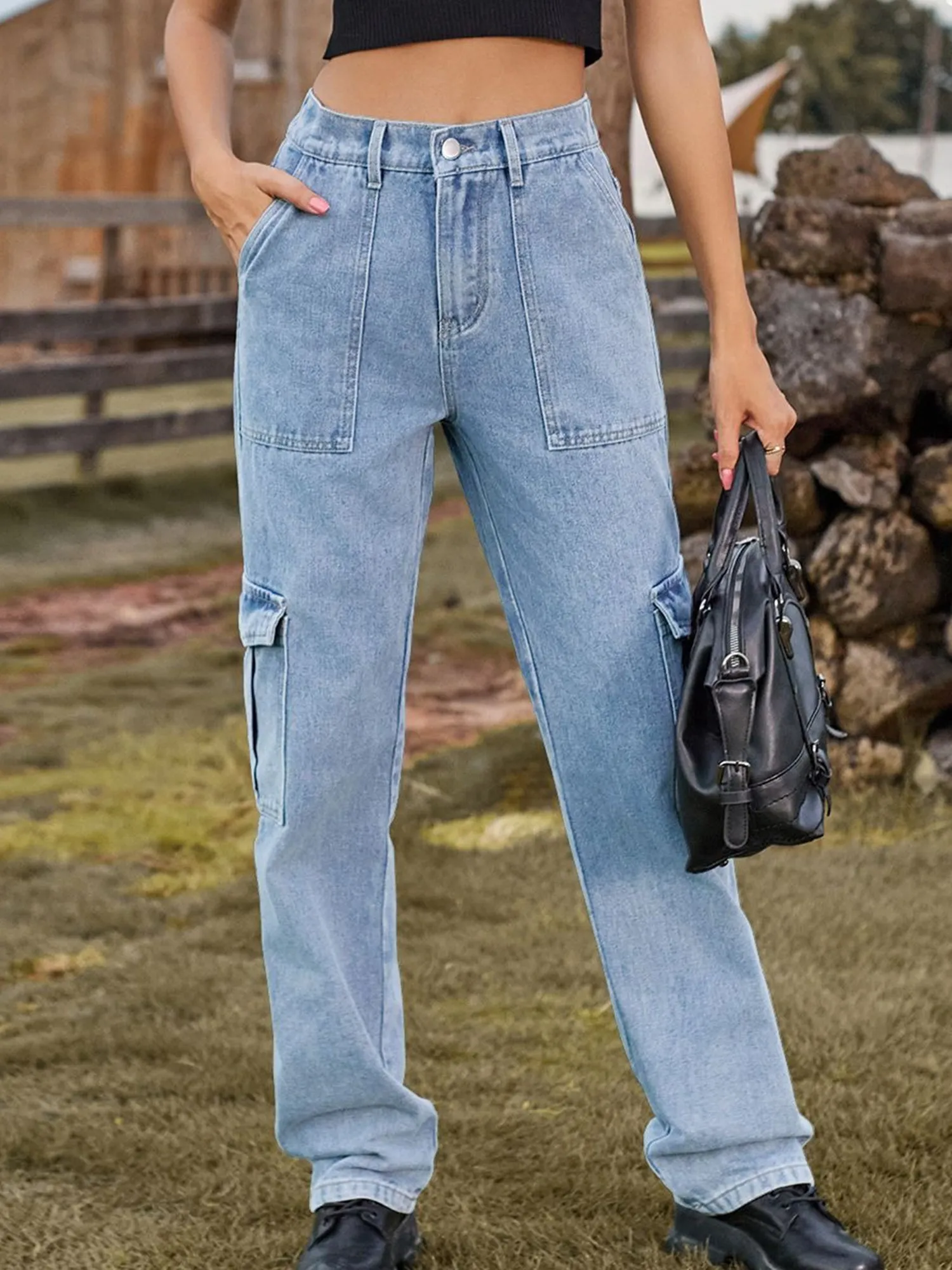 Washed Denim Straight Legs Casual Cargo Jeans sold by Allegra K product image thumbnail 5