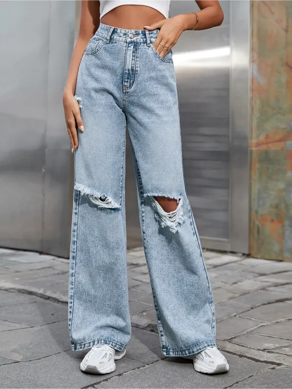 Washed Denim Decorative Ripped Wide Legs Jeans sold by Allegra K