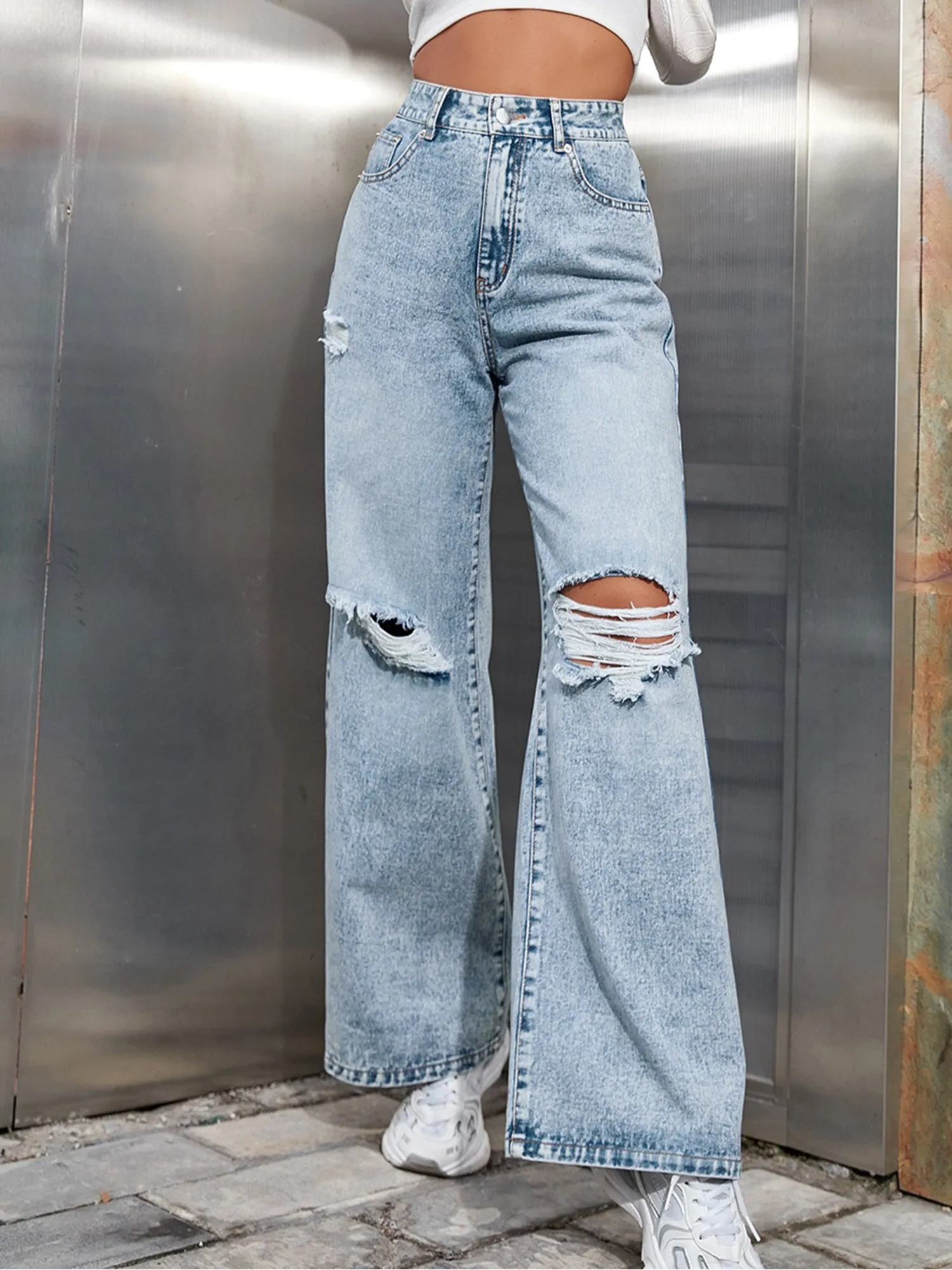 Washed Denim Decorative Ripped Wide Legs Jeans sold by Allegra K product image thumbnail 4