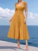 V Neck Ruched Lace-Up Cap Sleeves Pleated Midi A-Line Dress sold by Allegra K