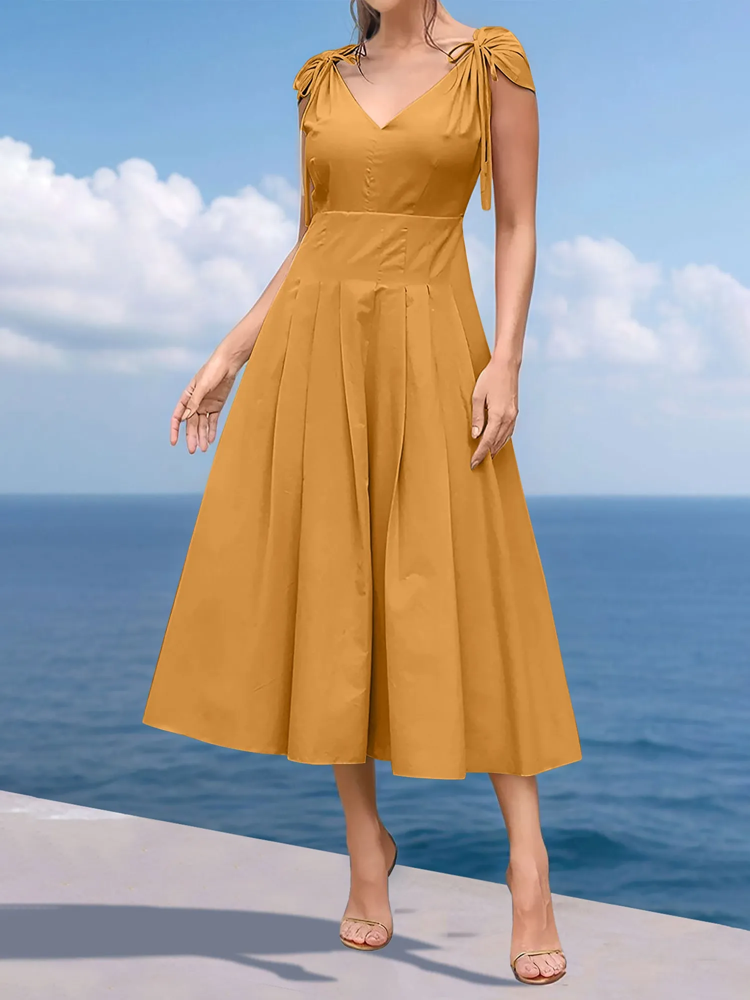 V Neck Ruched Lace-Up Cap Sleeves Pleated Midi A-Line Dress sold by Allegra K product image thumbnail 5