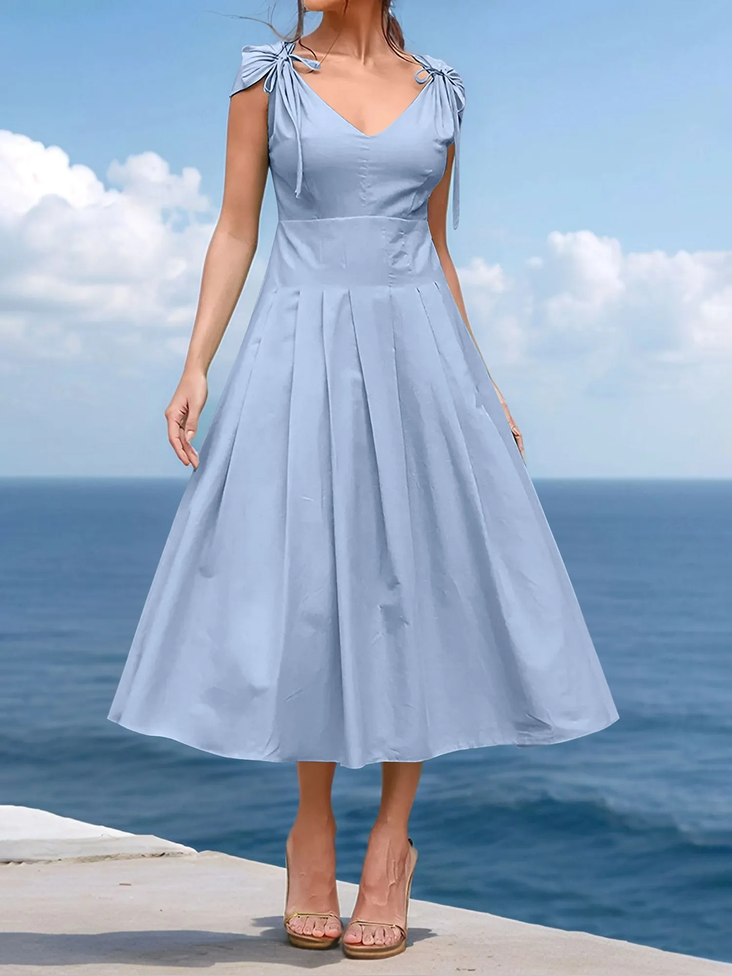 V Neck Ruched Lace-Up Cap Sleeves Pleated Midi A-Line Dress sold by Allegra K product image thumbnail 3