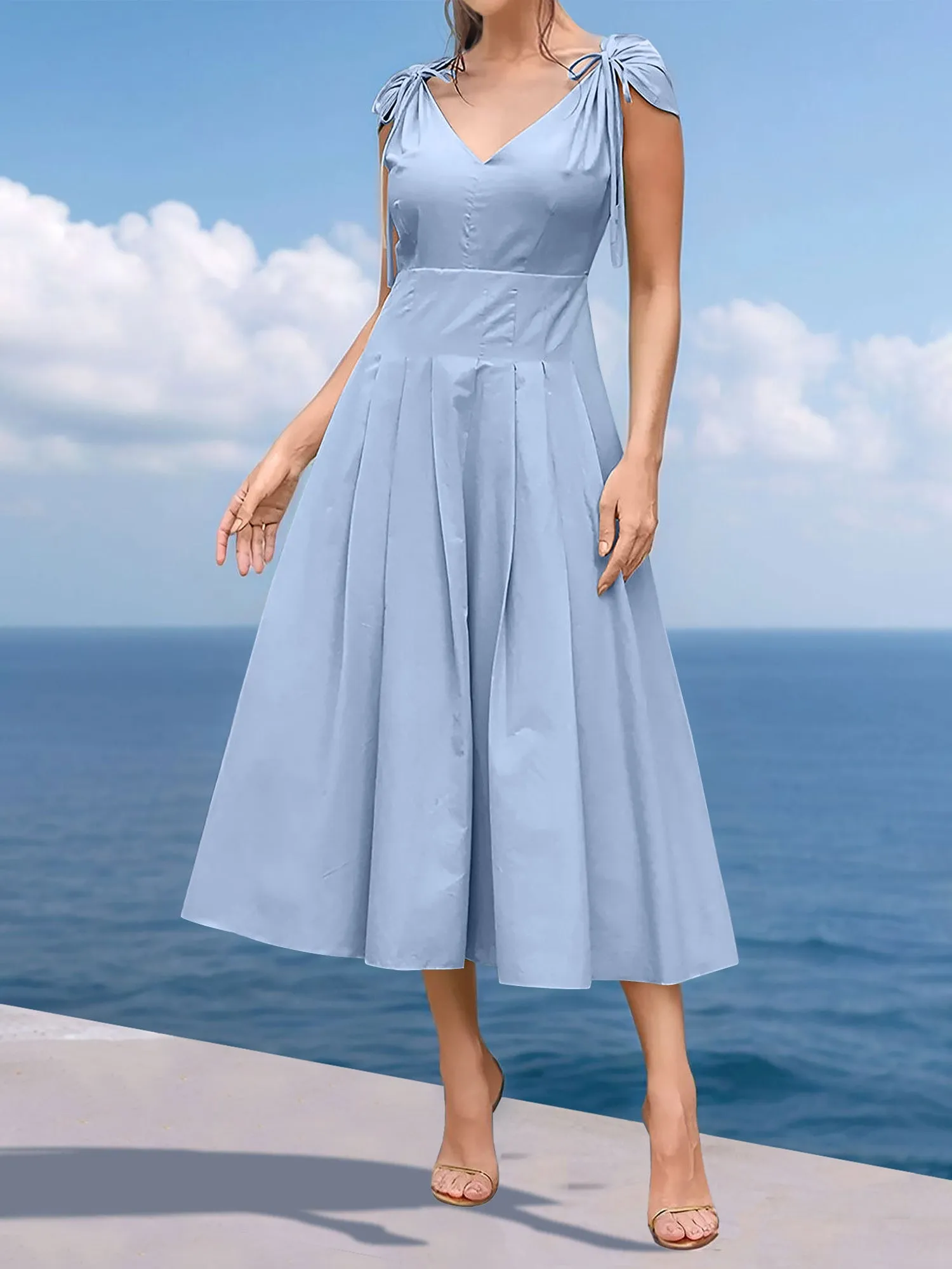V Neck Ruched Lace-Up Cap Sleeves Pleated Midi A-Line Dress sold by Allegra K