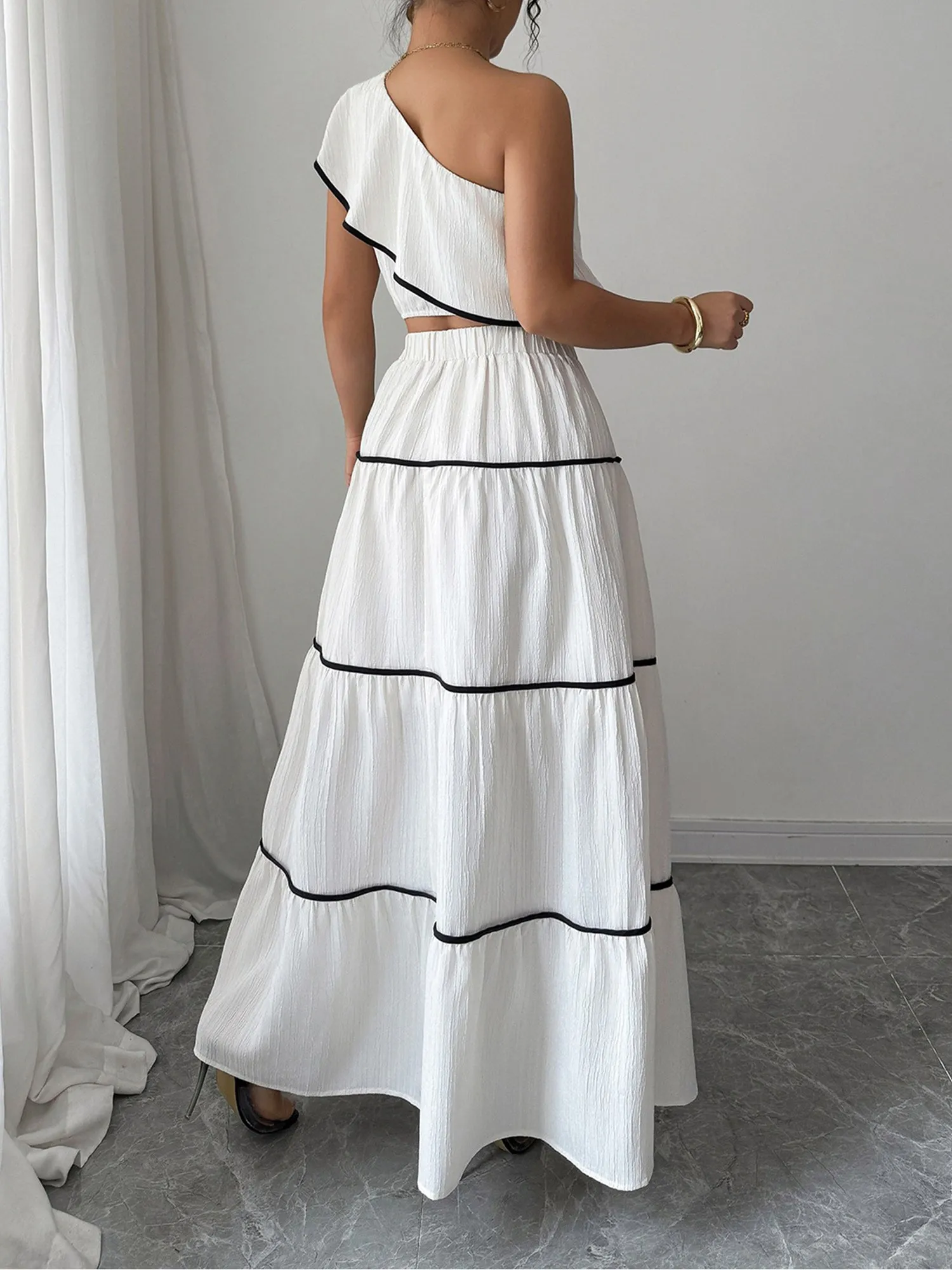 2 Pieces One Shoulder Cropped Top & Tiered Maxi Skirt Set sold by Allegra K product image thumbnail 2