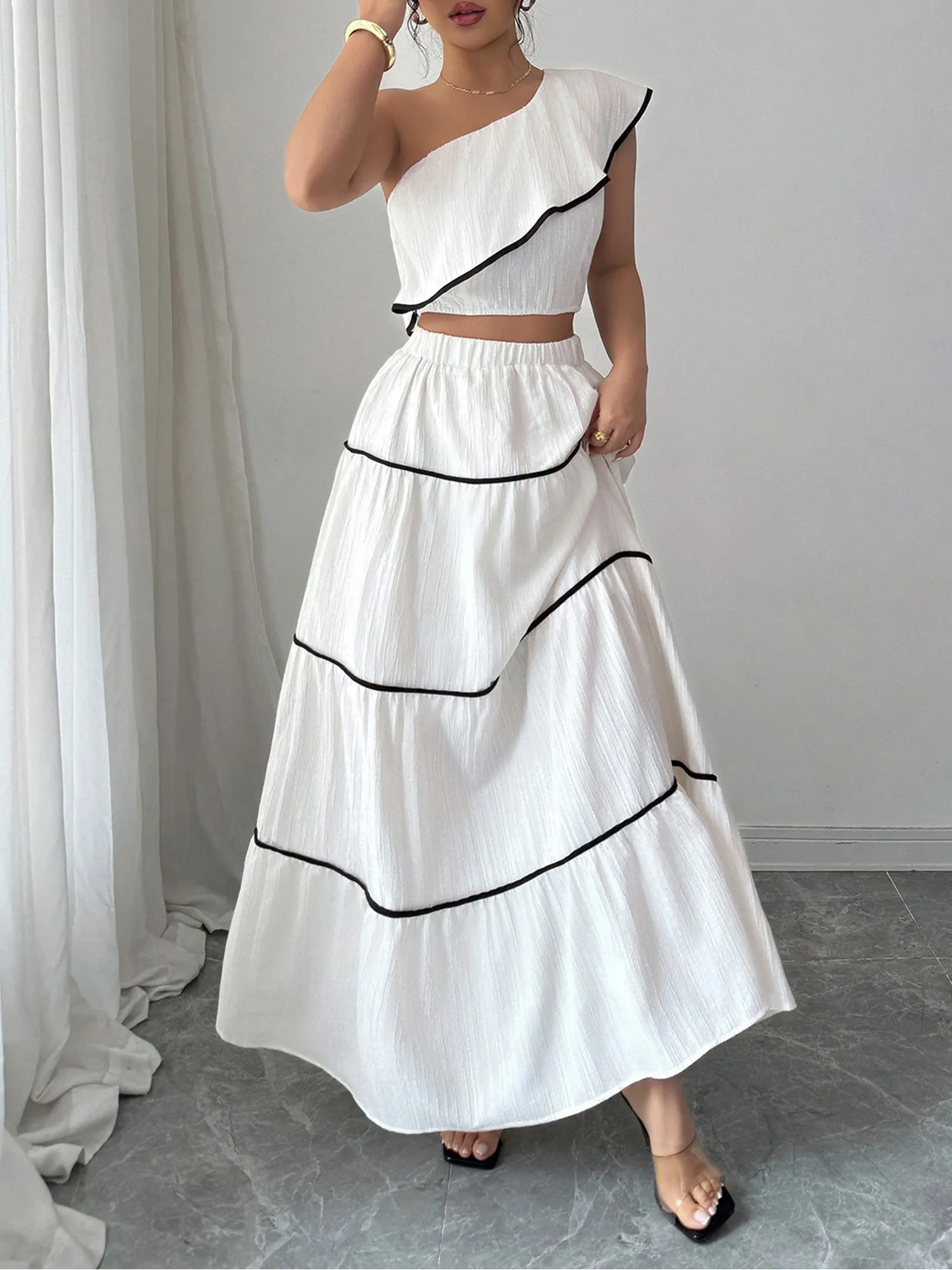 2 Pieces One Shoulder Cropped Top & Tiered Maxi Skirt Set sold by Allegra K product image thumbnail 5