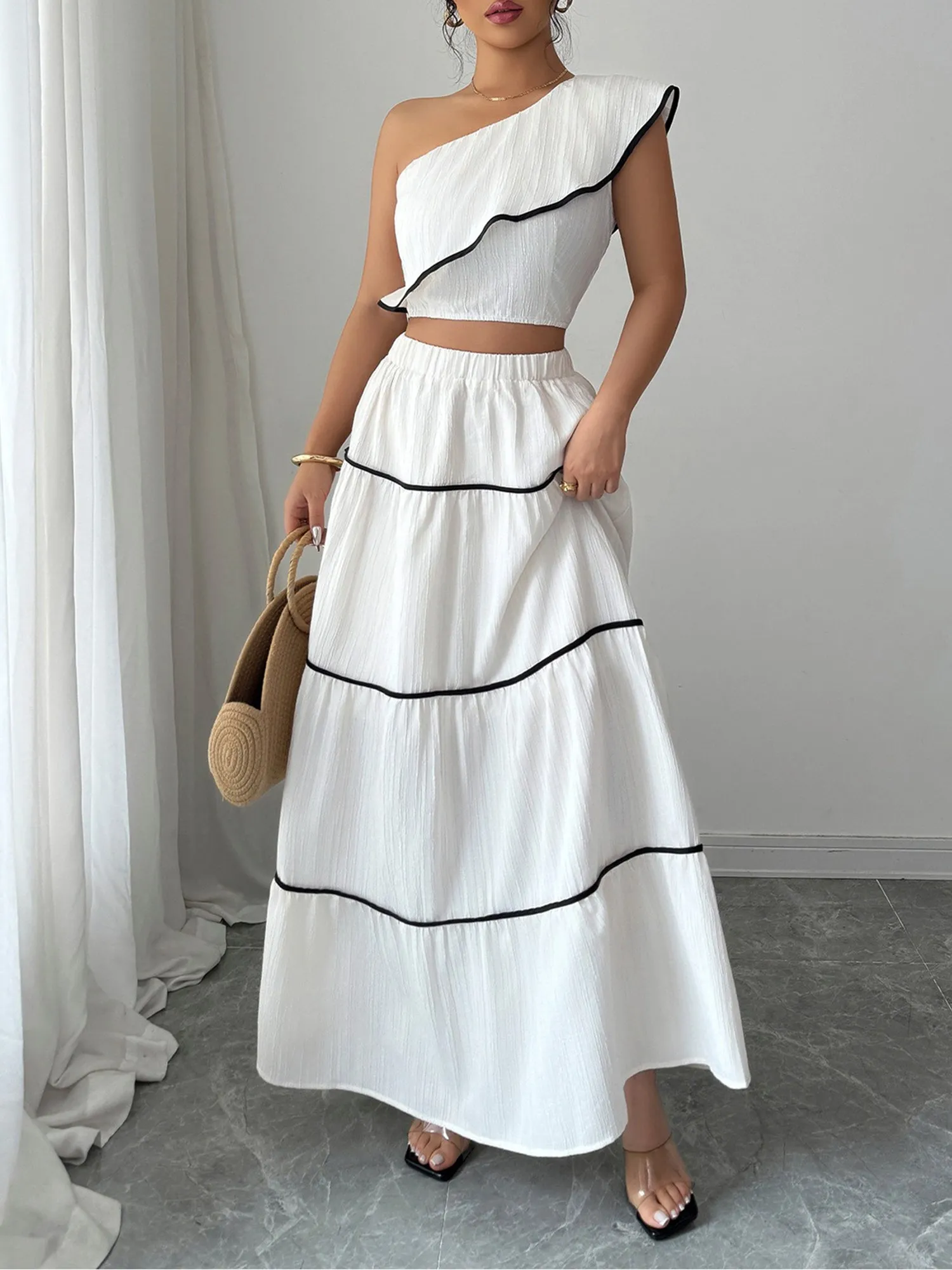 2 Pieces One Shoulder Cropped Top & Tiered Maxi Skirt Set sold by Allegra K