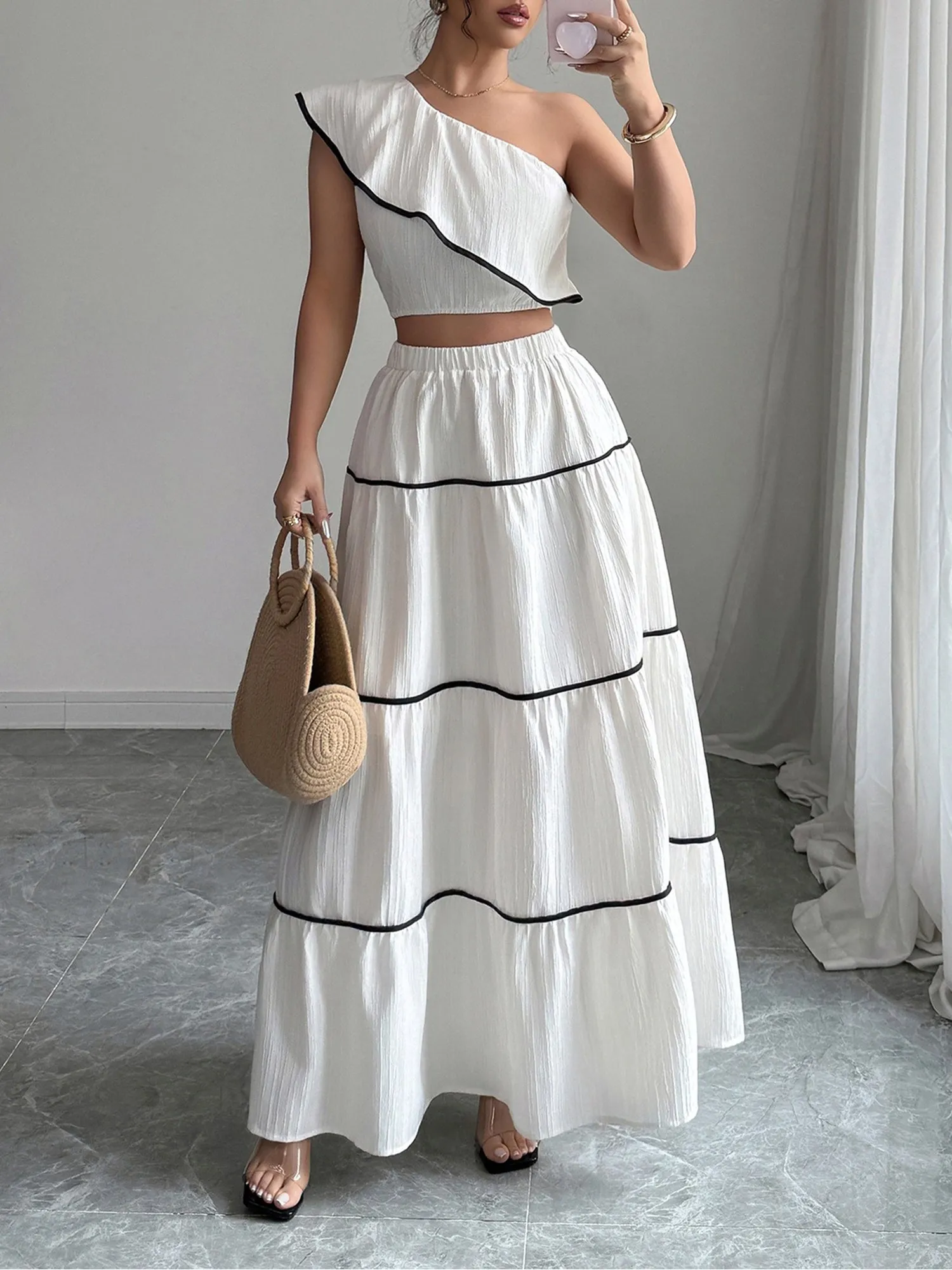 2 Pieces One Shoulder Cropped Top & Tiered Maxi Skirt Set sold by Allegra K product image thumbnail 3