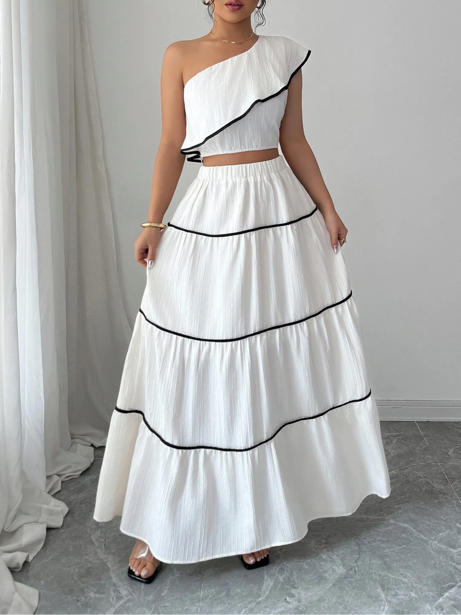 2 Pieces One Shoulder Cropped Top & Tiered Maxi Skirt Set sold by Allegra K product image thumbnail 4