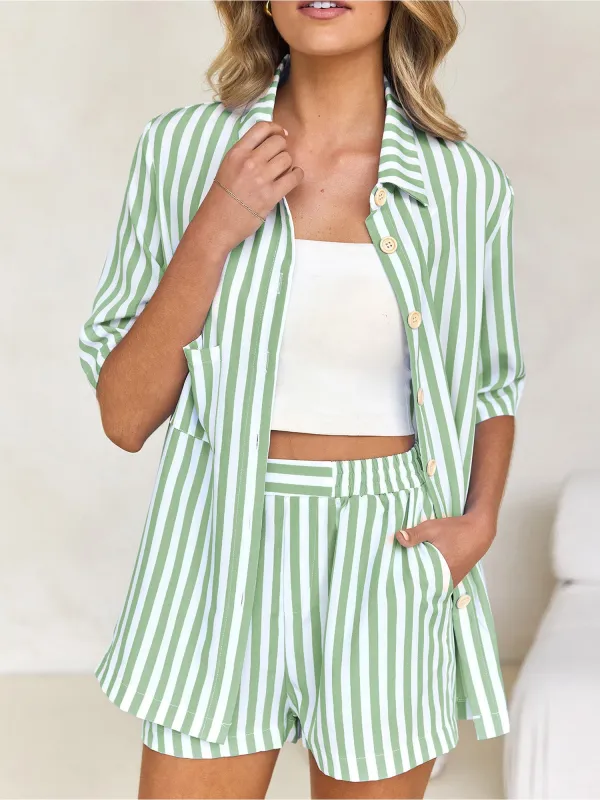 2 Pieces Short Sleeves Striped Shirt & Elastic Waist Pocketed Shorts Set sold by Allegra K
