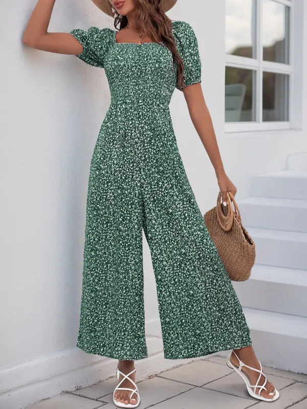 Square Neck Puff Sleeve Printed Smocked Pocketed Wide Legs Jumpsuit sold by Allegra K
